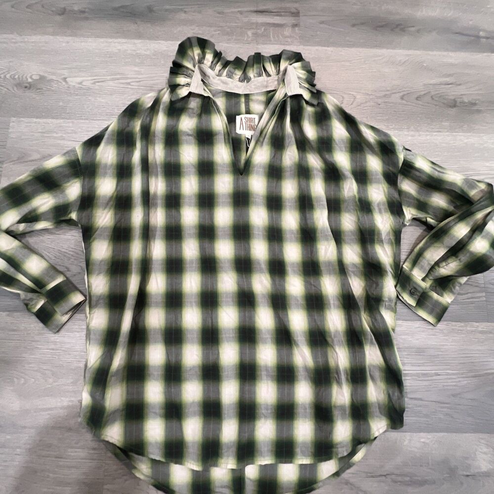 A Shirt Thing Penelope Plaid Emerald Ruffle Neck Long Sleeve Blouse NWT $275 Med